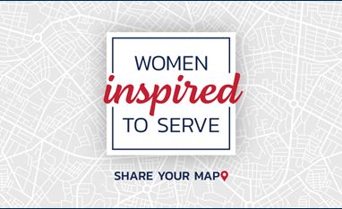 The words "Women inspired To Serve" over the top of a gray map. The words "Share Your Map" is below the main image. 