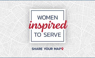 The words "Women inspired To Serve" over the top of a gray map. The words "Share Your Map" is below the main image.