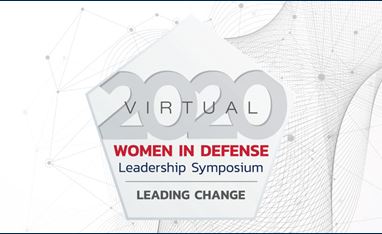 Image of WID 2020 Symposium logo; a pentagon with the words "2020 Virtual Women in Defense Leadership Symposium: Leading Change" inside the Pentagon. The font is in red, blue, and gray colors and the pentagon is mostly a white color. 