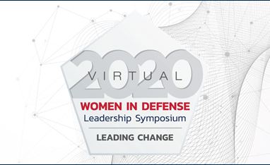 Image of WID 2020 Symposium logo; a pentagon with the words "2020 Virtual Women in Defense Leadership Symposium: Leading Change" inside the Pentagon. The font is in red, blue, and gray colors and the pentagon is mostly a white color.