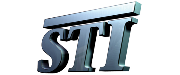 Chrome silver letters "STI" supporting a similarly colored beam