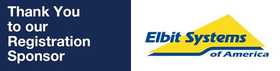 Image with the Elbit Systems logo (the words 'Elbit Systems of America' in blue on top of a yellow triangle) and the words 'Thank you to our Registration Sponsor' beside the logo.